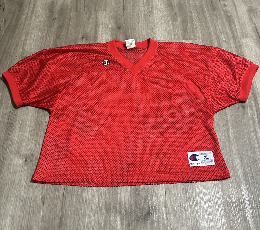 Vintage Champion Blank Red Football Mesh Practice Jersey Mens XL Cropped Boxy